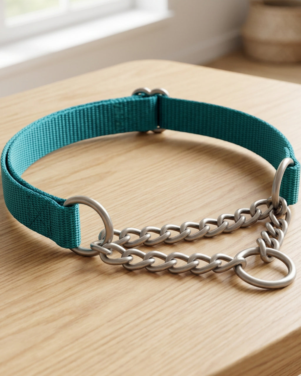 Okly Chain-Limited Pet Collar 36-50 cm Teal Stainless Steel - Lifestyle view