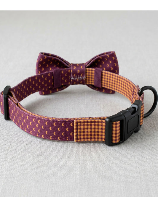 Okly Reversible Printed Pet Collar 28-42 cm Plum Ochre with Removable Bow - Lifestyle view