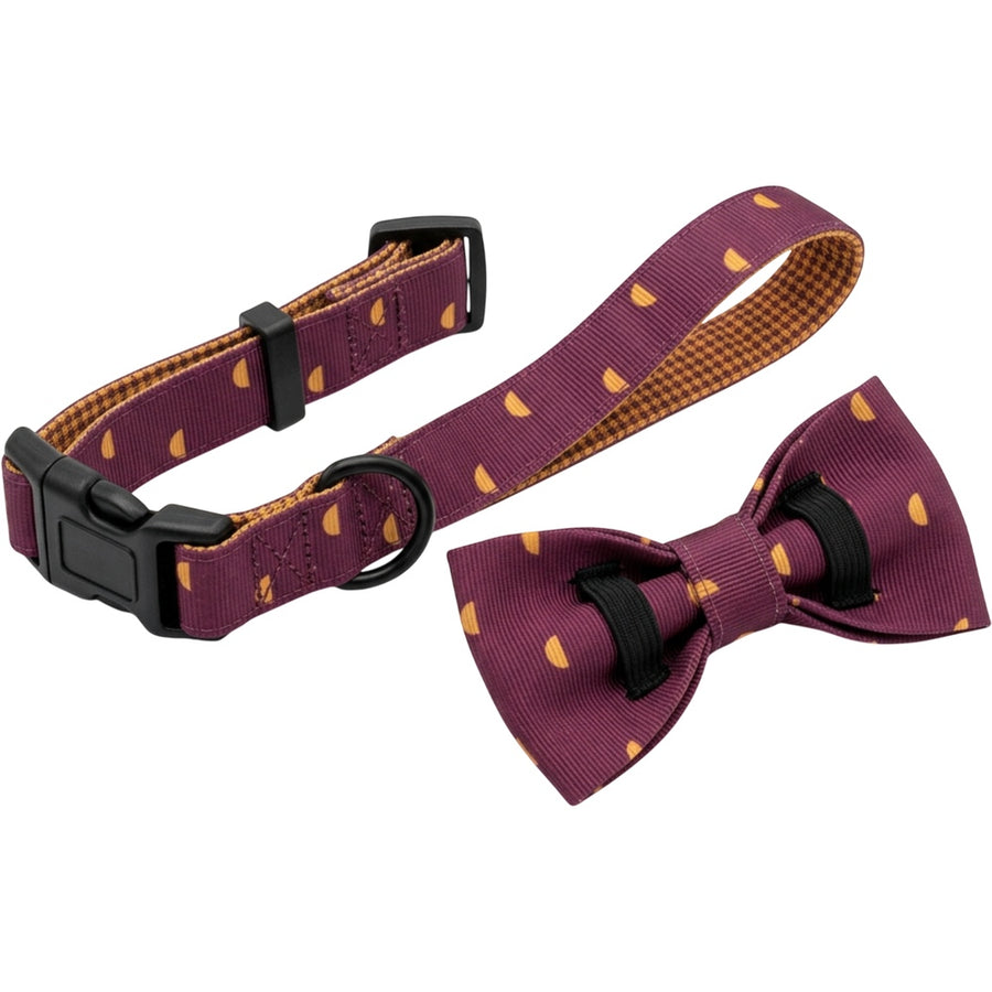 Okly Reversible Printed Pet Collar 28-42 cm Plum Ochre with Removable Bow